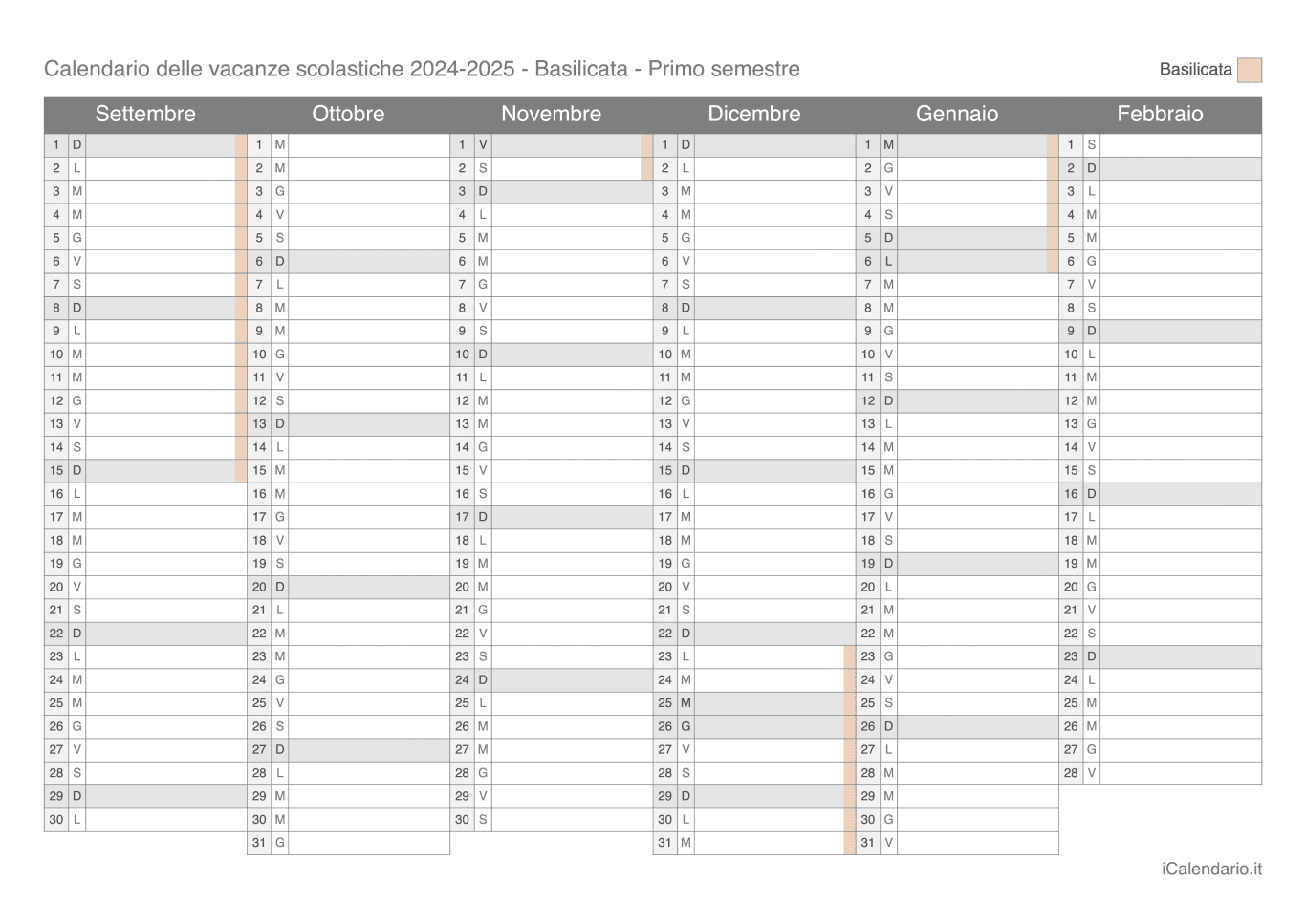 Calendario semestrale delle vacanze scolastiche 2024-2025 Basilicata