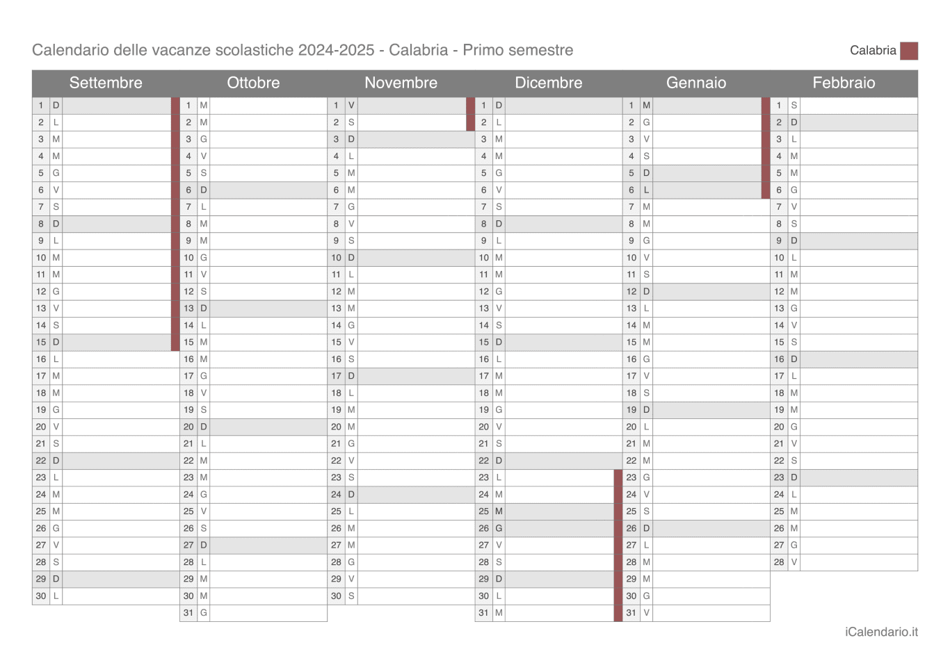 Calendario semestrale delle vacanze scolastiche 2024-2025 Calabria
