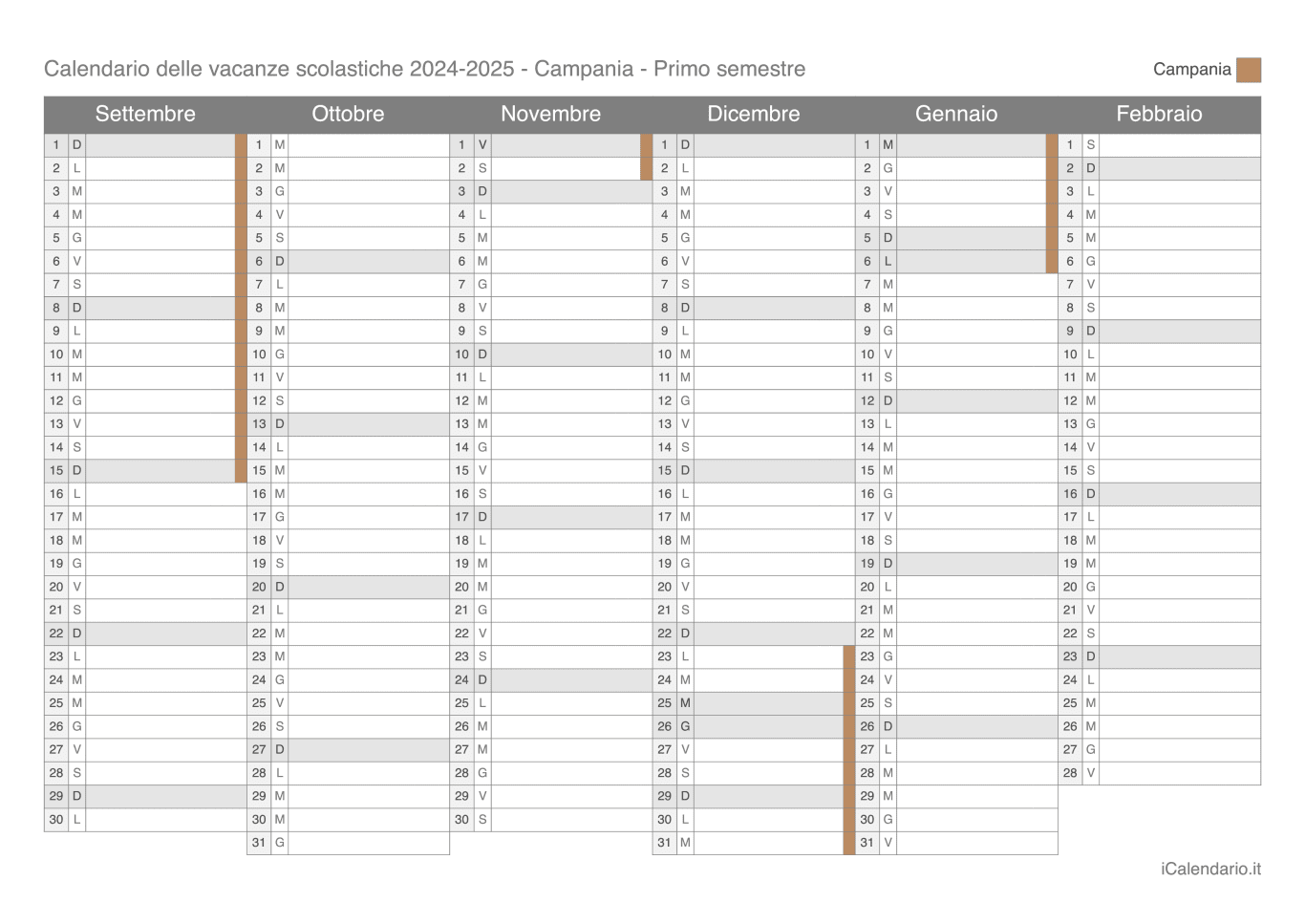 Calendario semestrale delle vacanze scolastiche 2024-2025 Campania