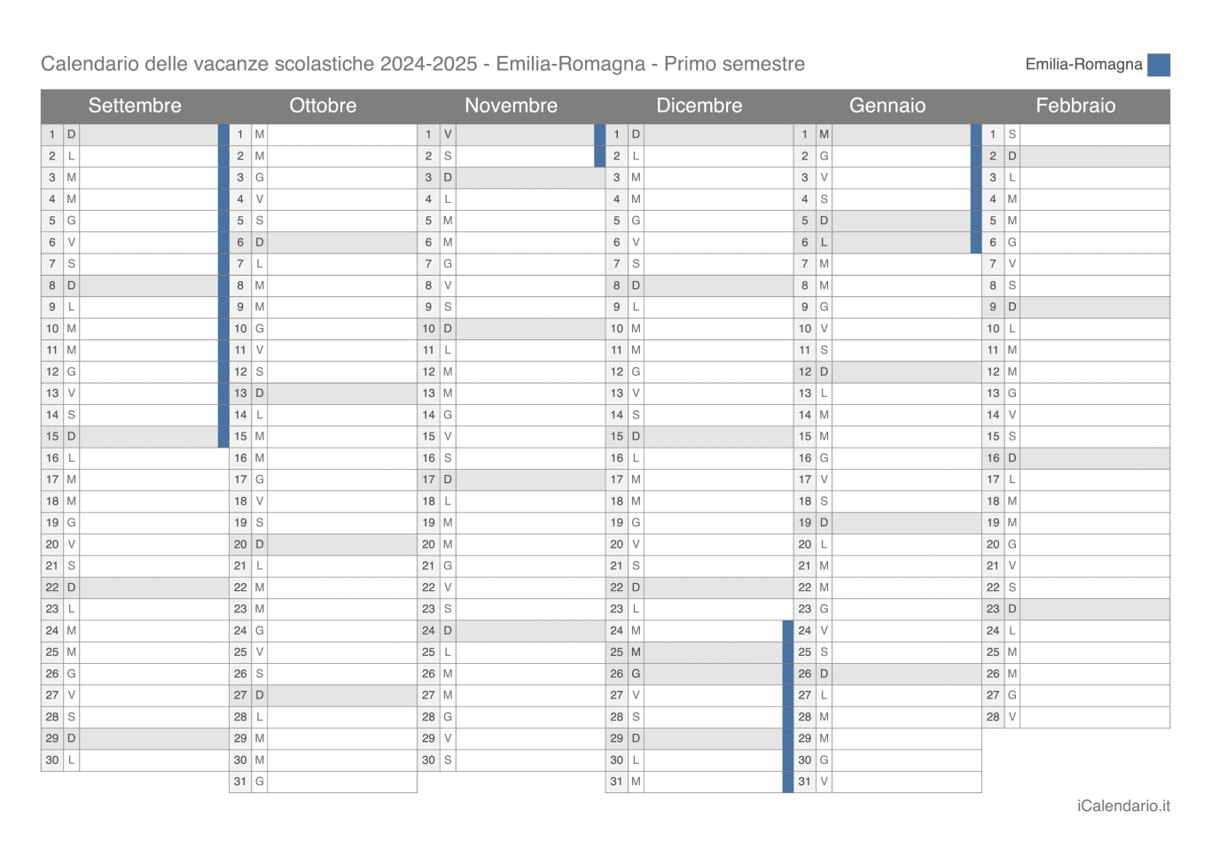 Calendario semestrale delle vacanze scolastiche 2024-2025 Emilia-Romagna