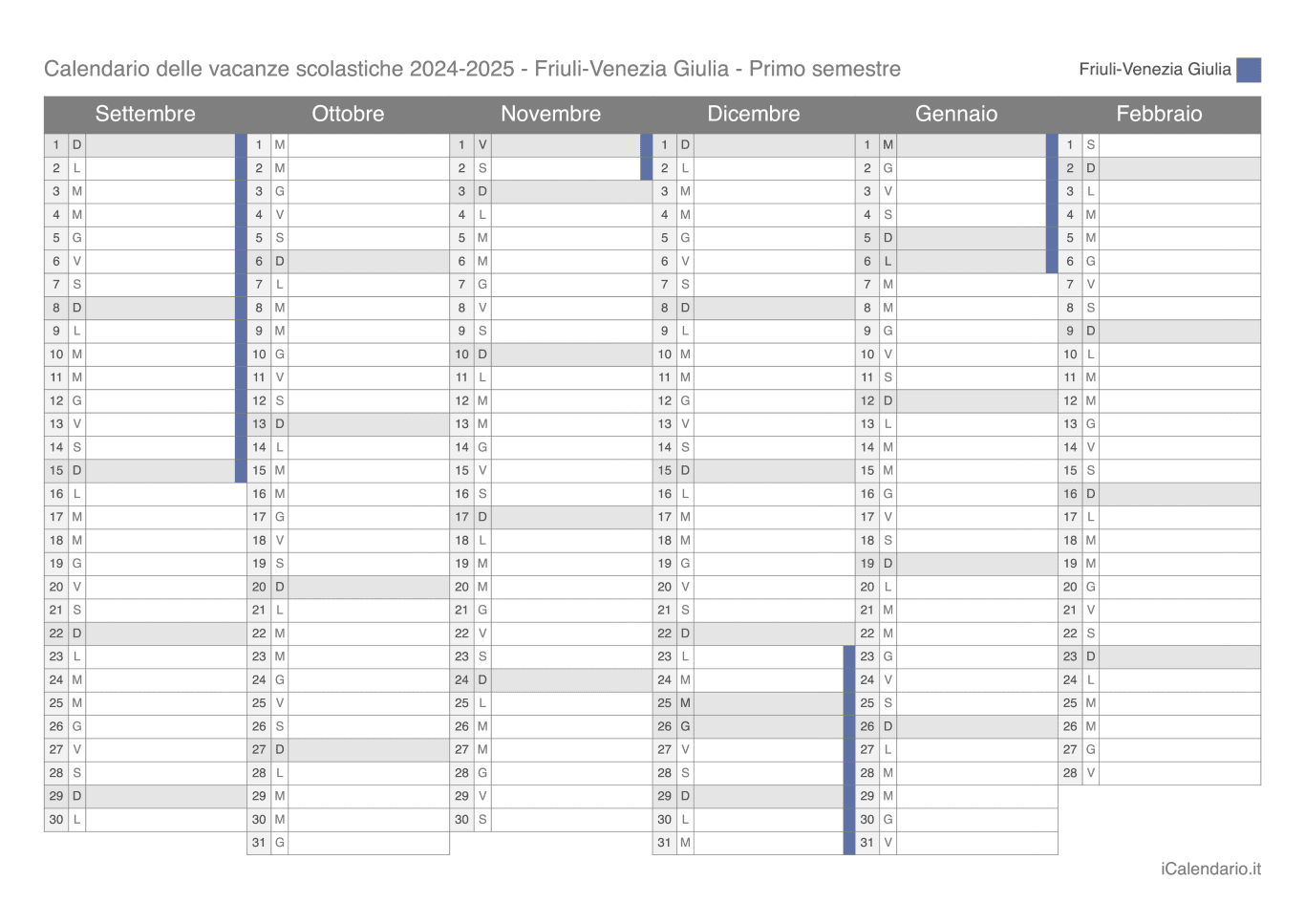 Calendario semestrale delle vacanze scolastiche 2024-2025 Friuli-Venezia Giulia