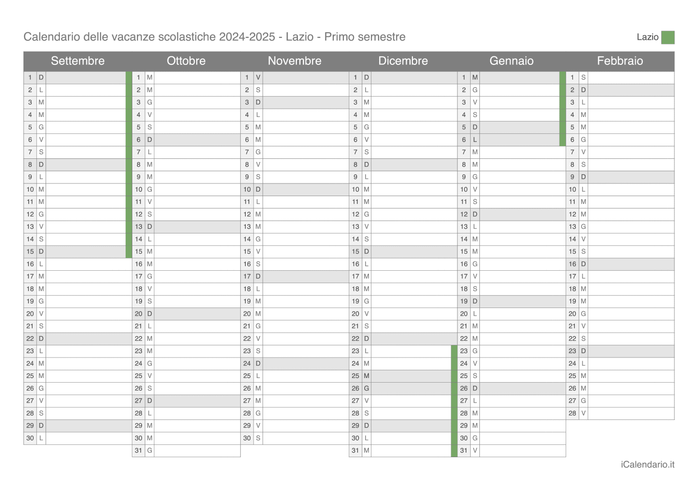 Calendario semestrale delle vacanze scolastiche 2024-2025 Lazio