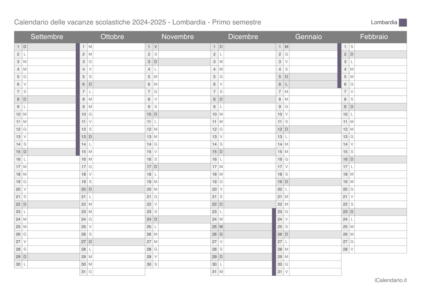 Calendario semestrale delle vacanze scolastiche 2024-2025 Lombardia