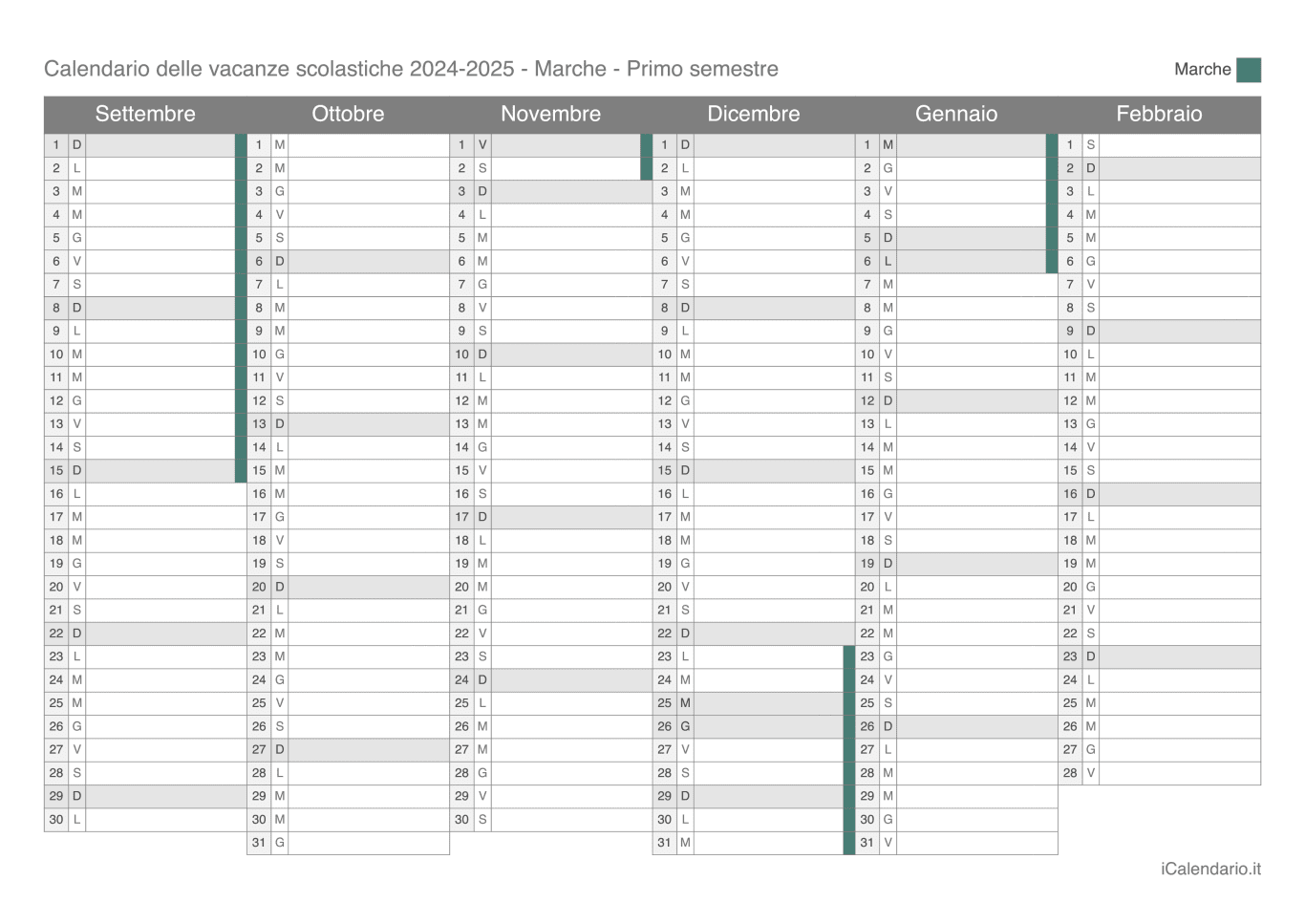 Calendario semestrale delle vacanze scolastiche 2024-2025 Marche