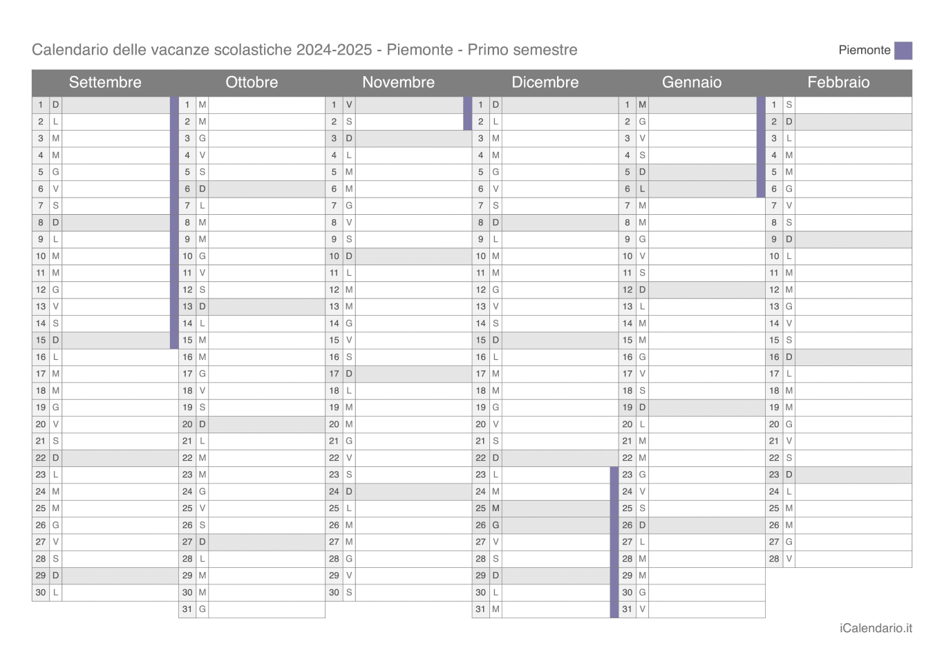 Calendario semestrale delle vacanze scolastiche 2024-2025 Piemonte