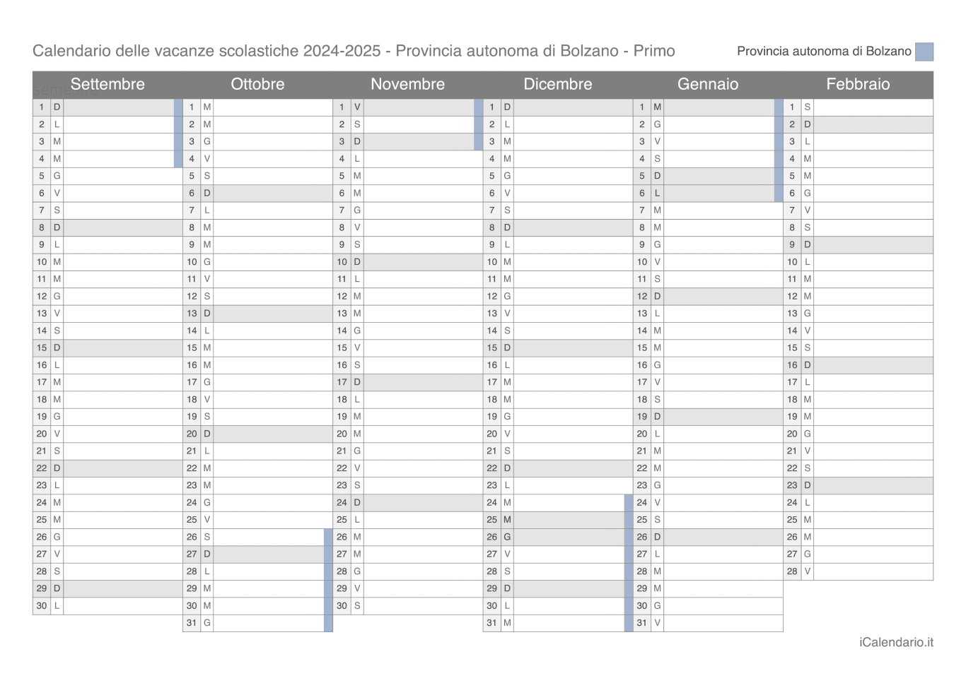 Calendario semestrale delle vacanze scolastiche 2024-2025 Provincia autonoma di Bolzano