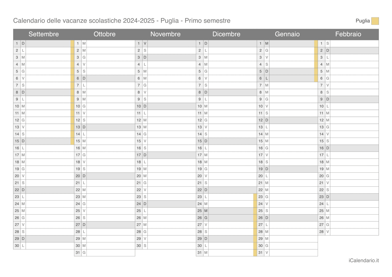 Calendario semestrale delle vacanze scolastiche 2024-2025 Puglia