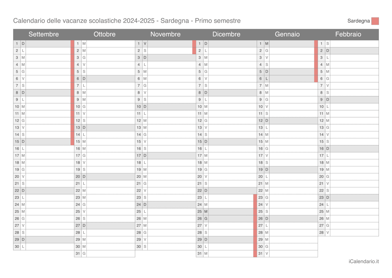 Calendario semestrale delle vacanze scolastiche 2024-2025 Sardegna