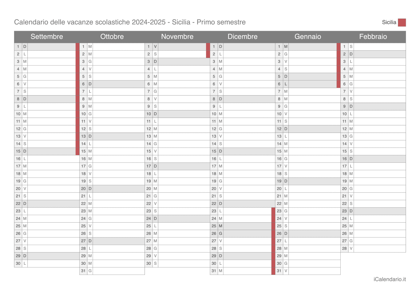 Calendario semestrale delle vacanze scolastiche 2024-2025 Sicilia
