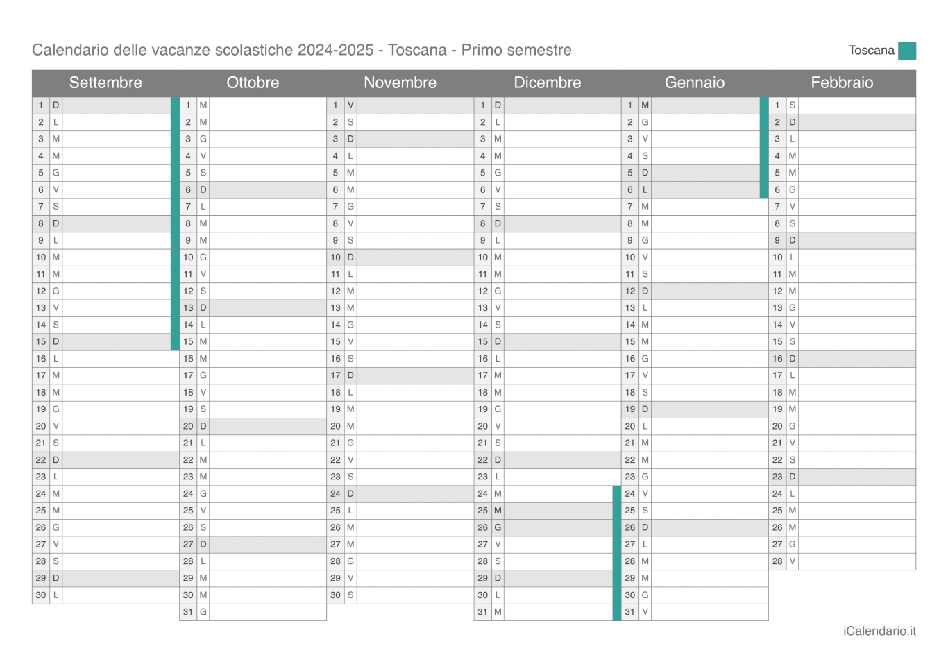 Calendario semestrale delle vacanze scolastiche 2024-2025 Toscana
