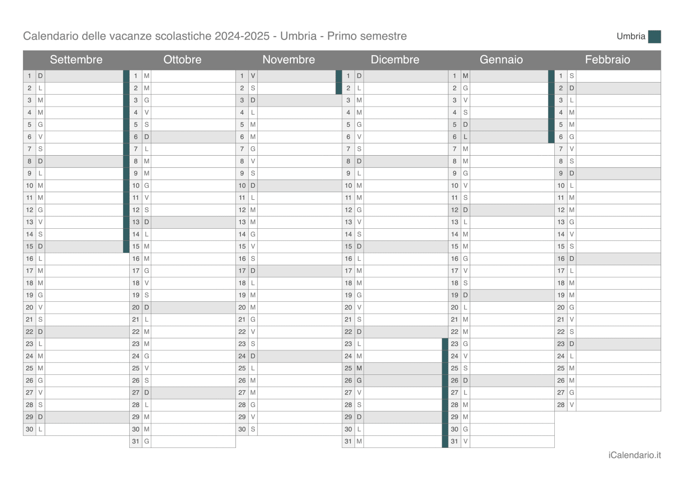 Calendario semestrale delle vacanze scolastiche 2024-2025 Umbria