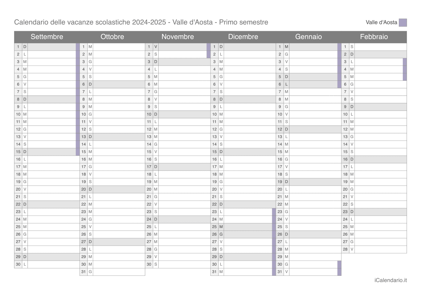 Calendario semestrale delle vacanze scolastiche 2024-2025 Valle d'Aosta