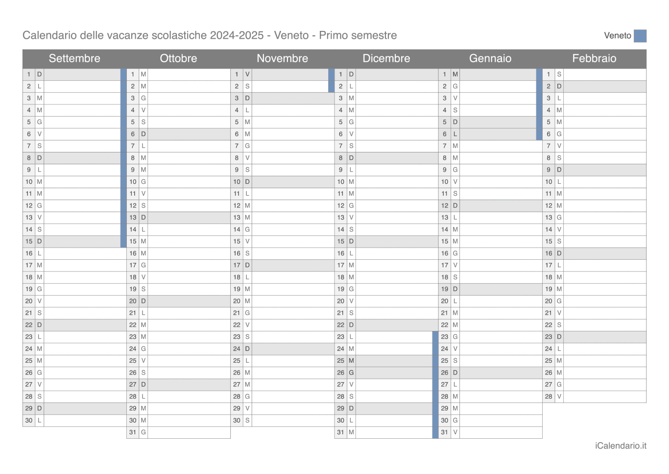 Calendario semestrale delle vacanze scolastiche 2024-2025 Veneto