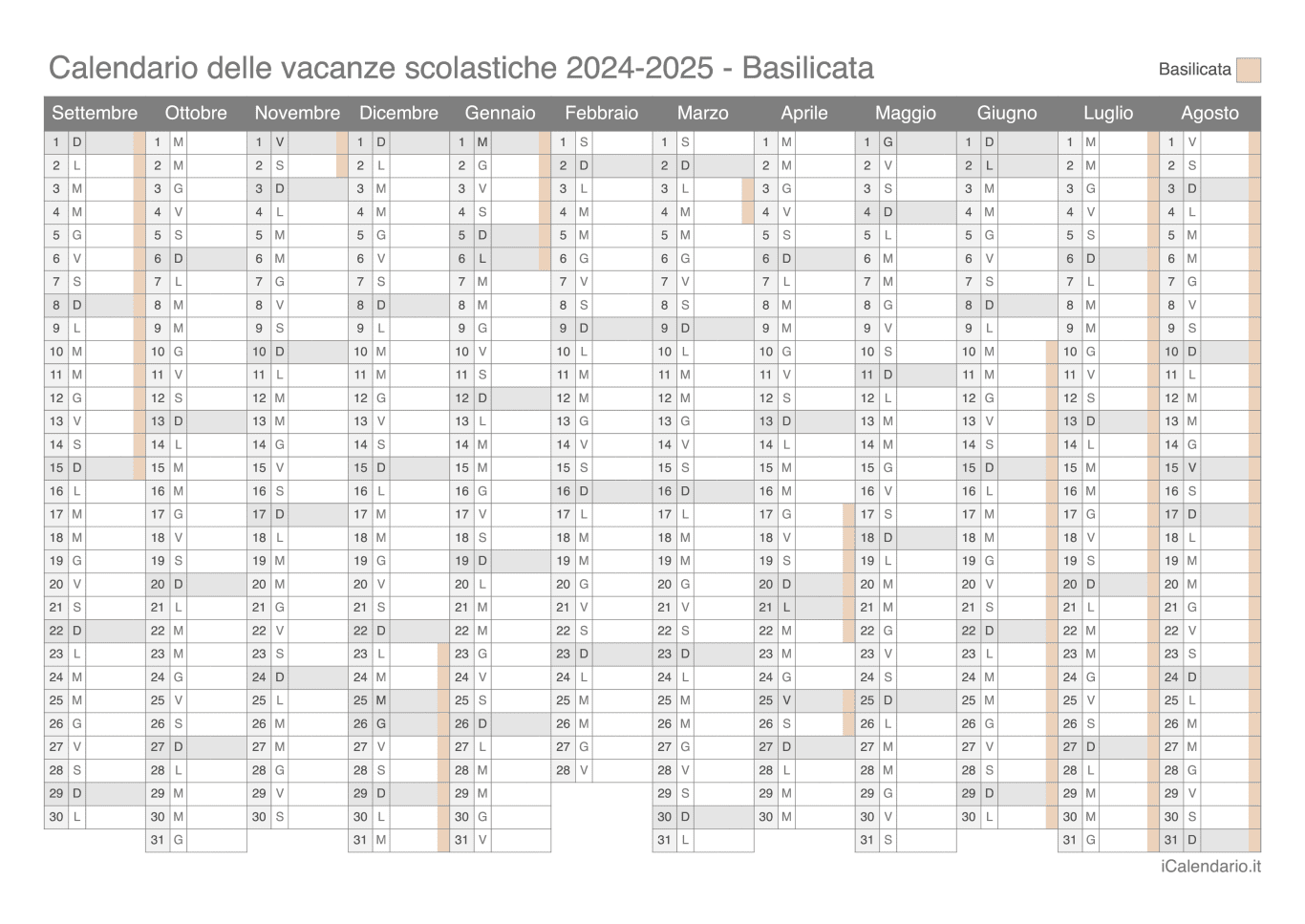 Calendario delle vacanze scolastiche 2024-2025 Basilicata