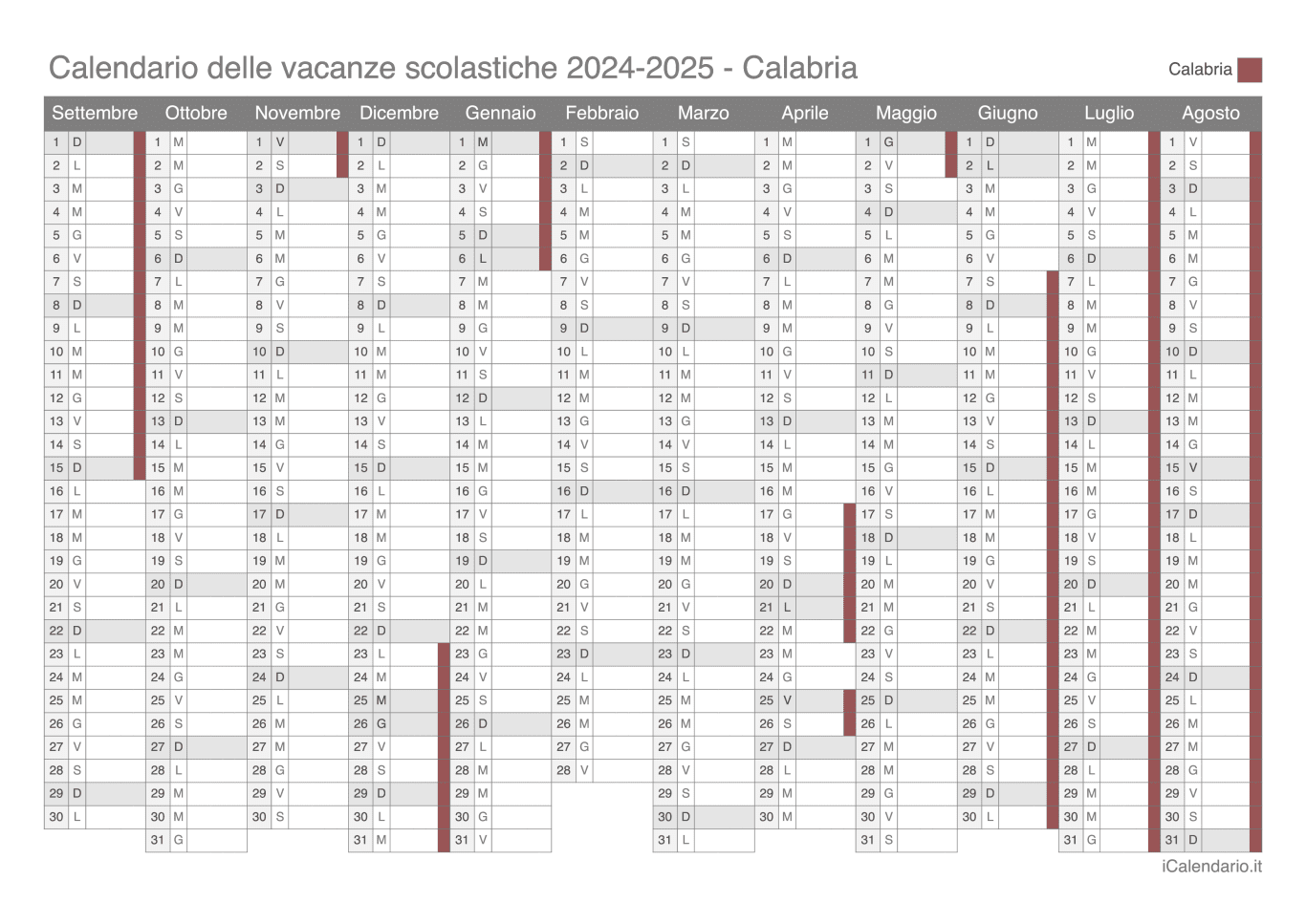 Calendario delle vacanze scolastiche 2024-2025 Calabria