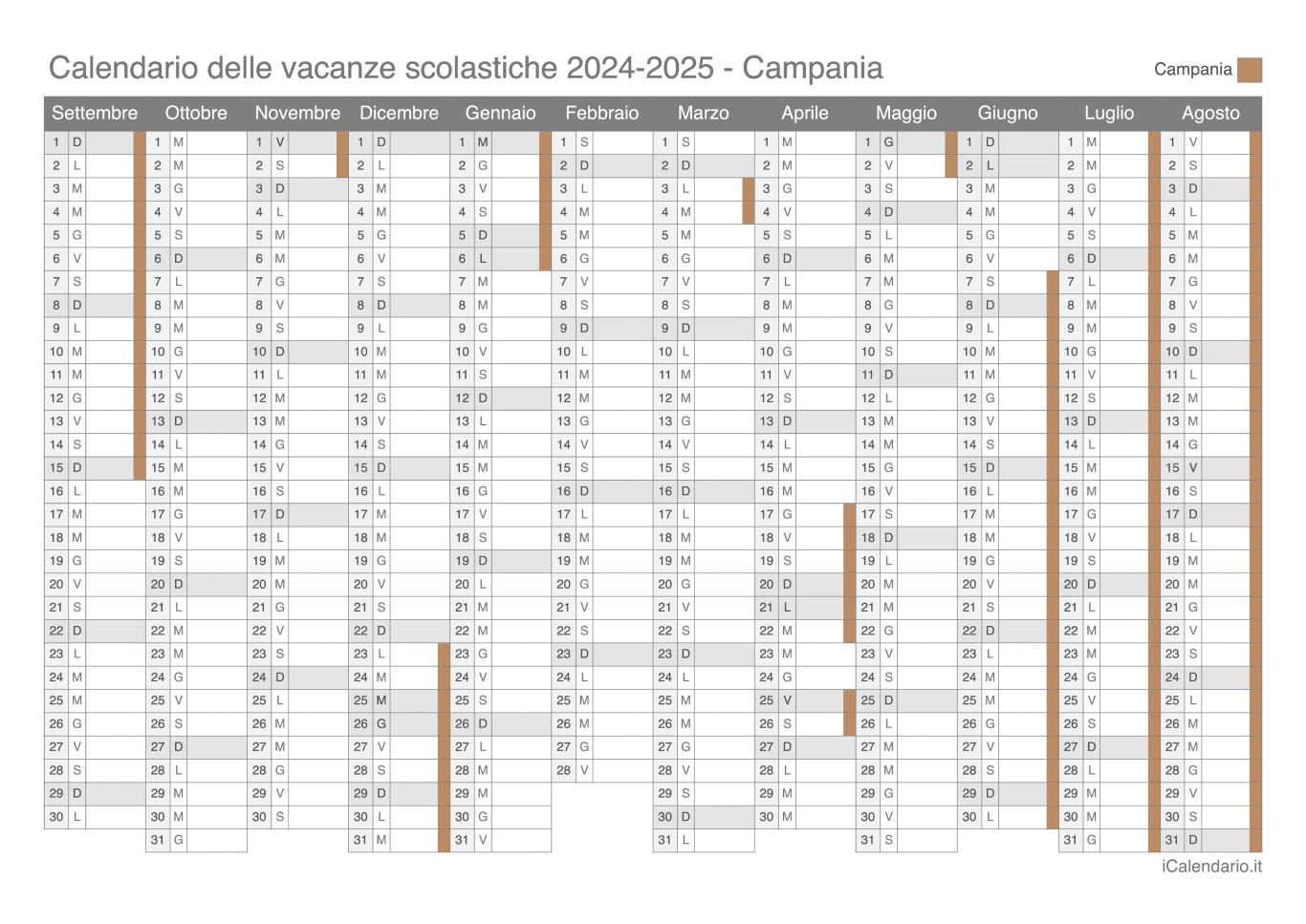 Calendario delle vacanze scolastiche 2024-2025 Campania