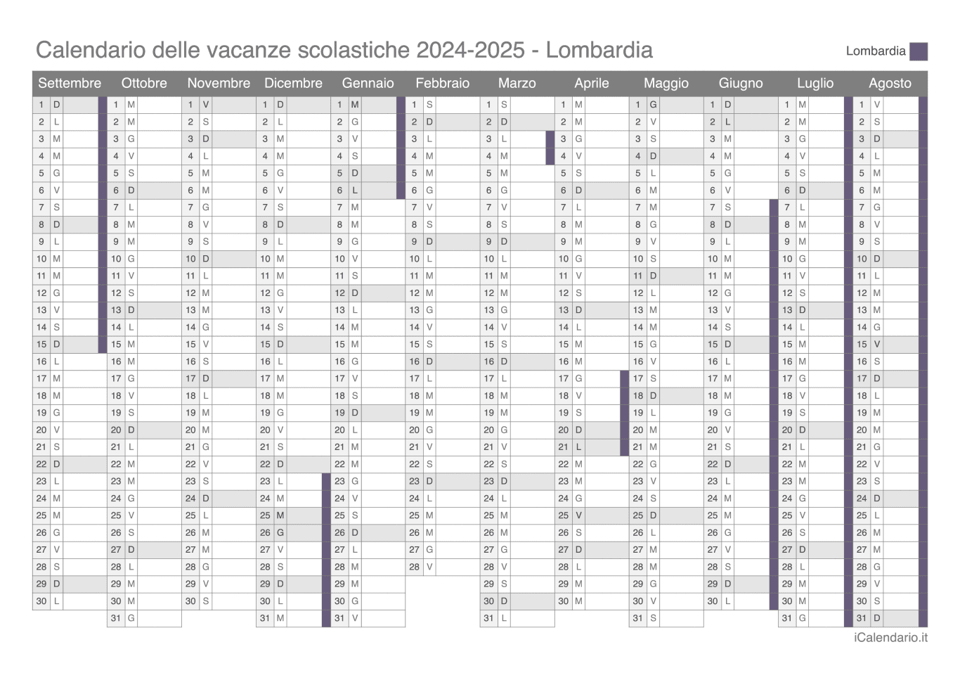 Calendario delle vacanze scolastiche 2024-2025 Lombardia