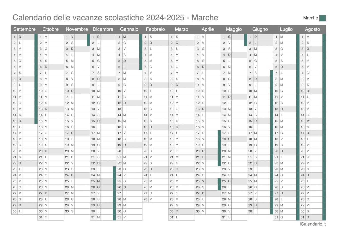 Calendario delle vacanze scolastiche 2024-2025 Marche