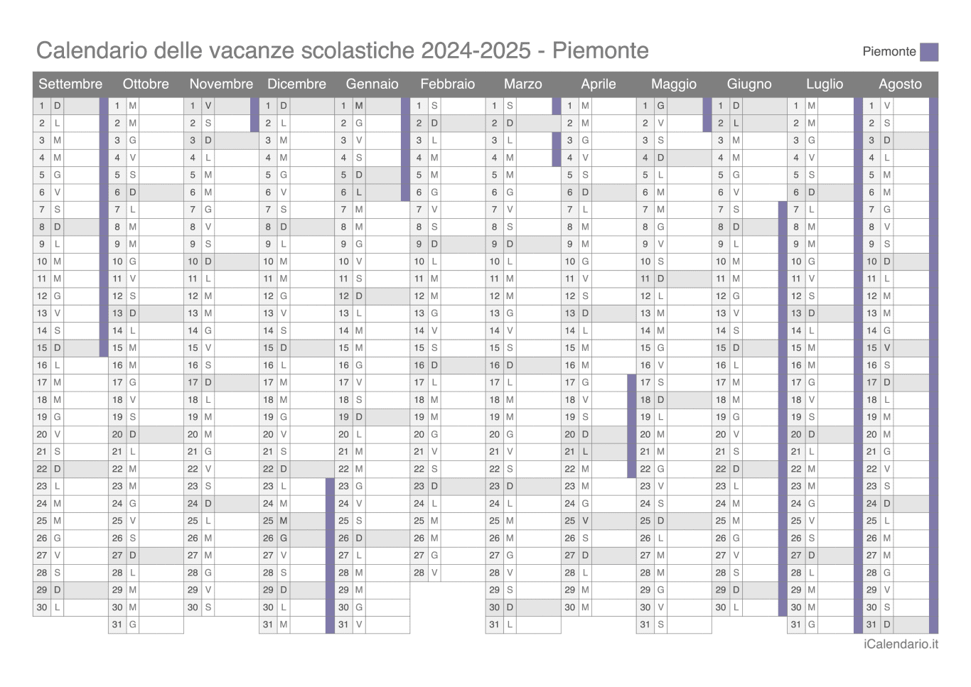 Calendario delle vacanze scolastiche 2024-2025 Piemonte
