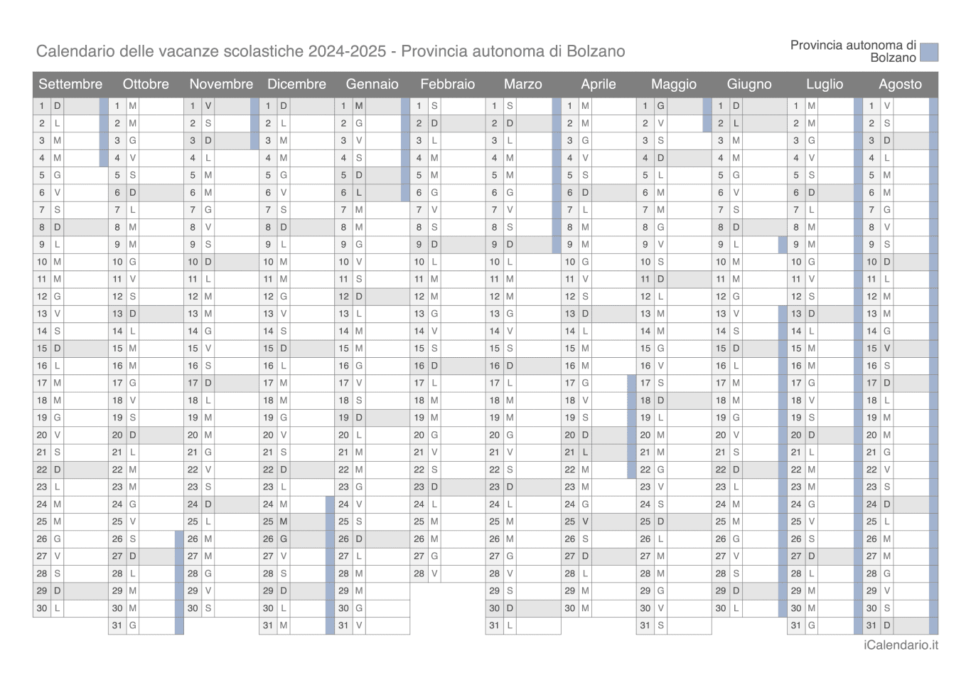 Calendario delle vacanze scolastiche 2024-2025 Provincia autonoma di Bolzano