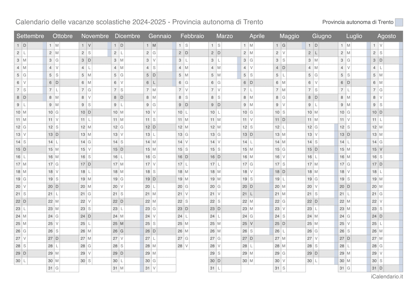Calendario delle vacanze scolastiche 2024-2025 Provincia autonoma di Trento