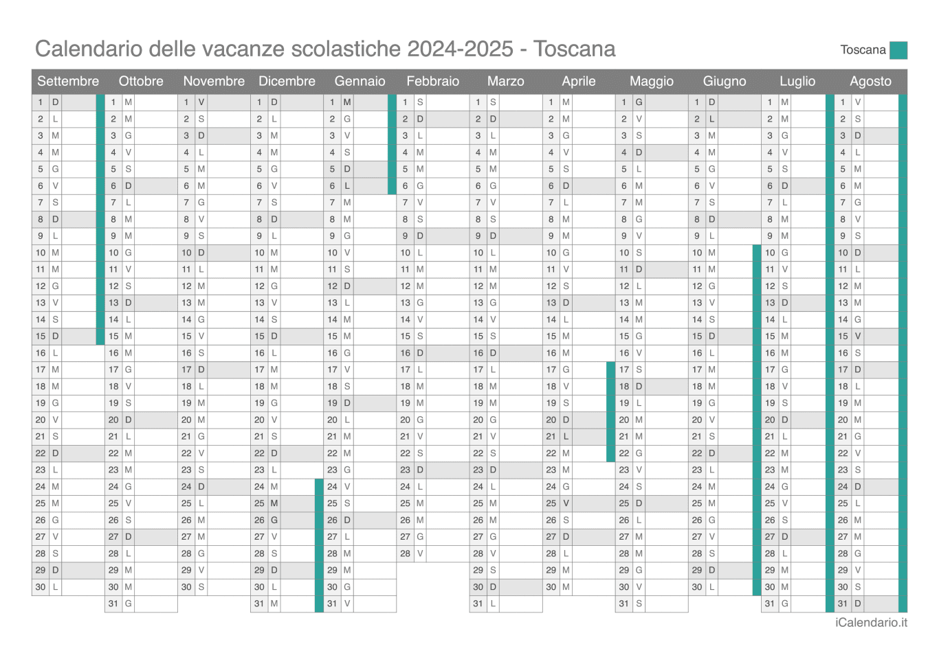 Calendario delle vacanze scolastiche 2024-2025 Toscana