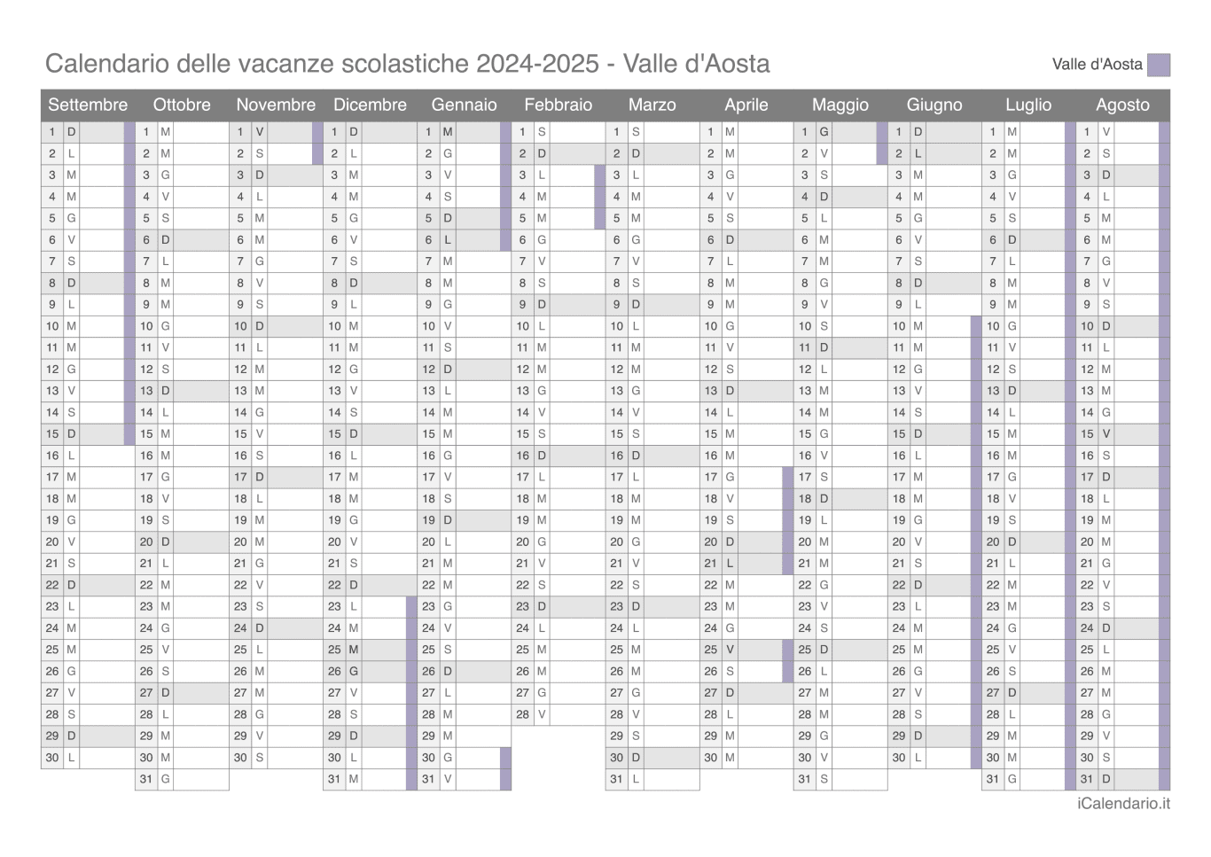 Calendario delle vacanze scolastiche 2024-2025 Valle d'Aosta