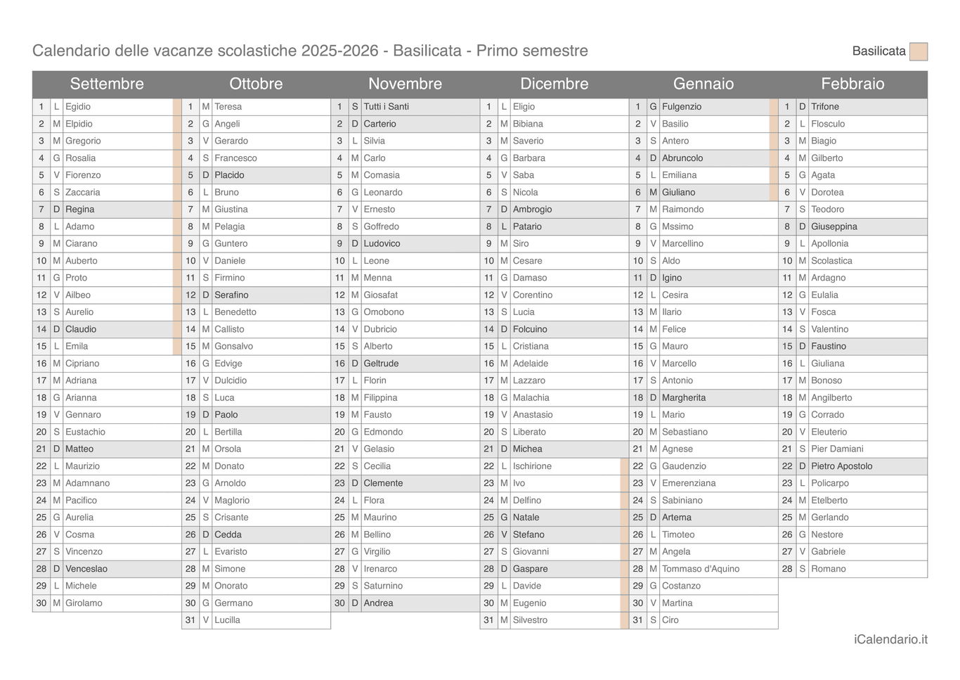 Calendario semestrale delle vacanze scolastiche 2025-2026 con santi, Basilicata