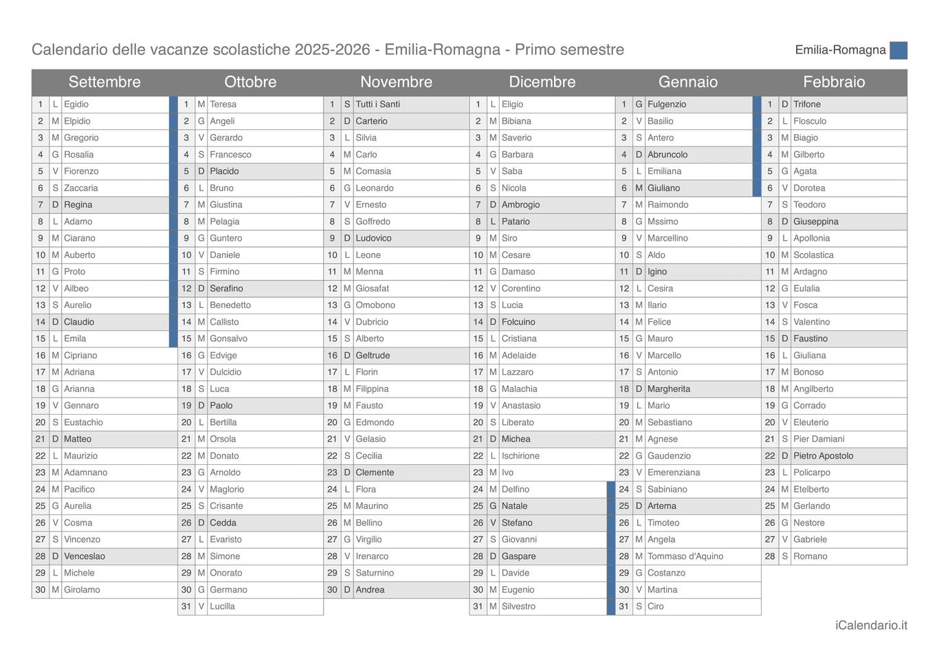 Calendario semestrale delle vacanze scolastiche 2025-2026 con santi, Emilia-Romagna