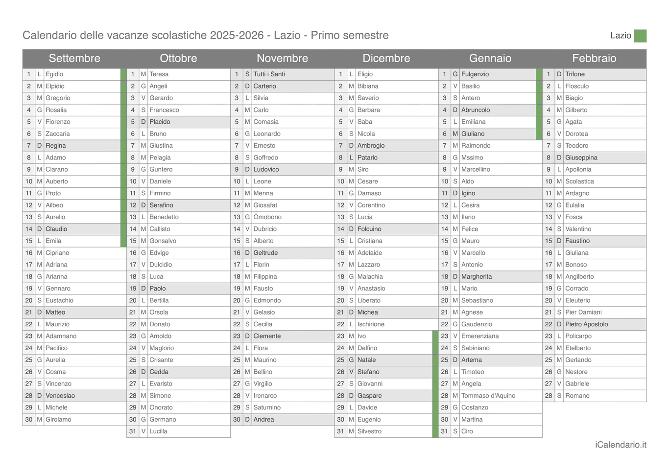 Calendario semestrale delle vacanze scolastiche 2025-2026 con santi, Lazio