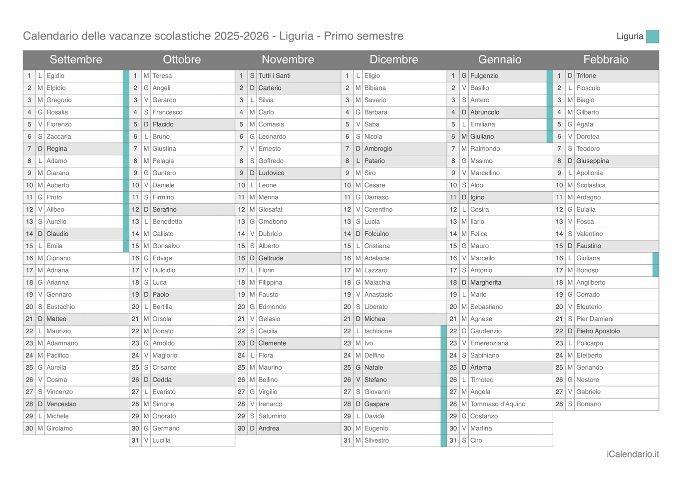 Calendario semestrale delle vacanze scolastiche 2025-2026 con santi, Liguria