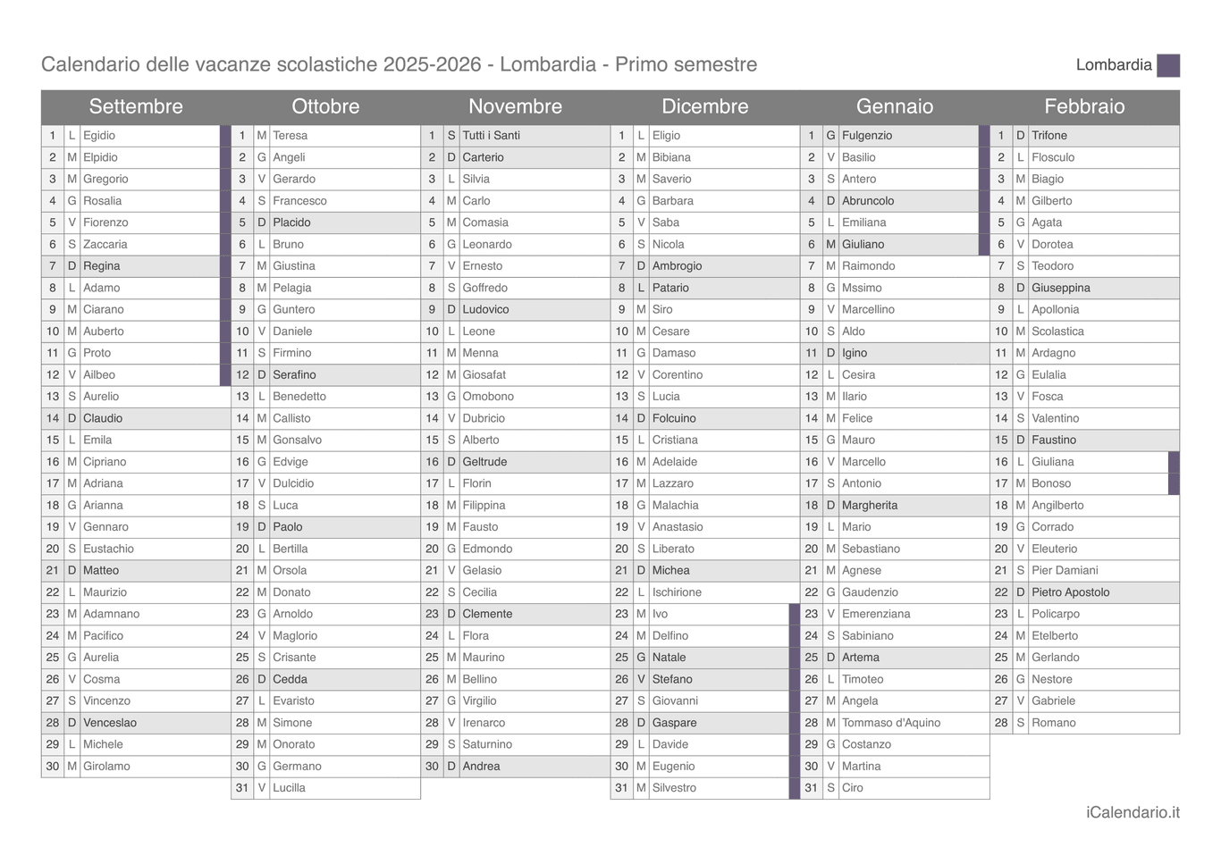 Calendario semestrale delle vacanze scolastiche 2025-2026 con santi, Lombardia