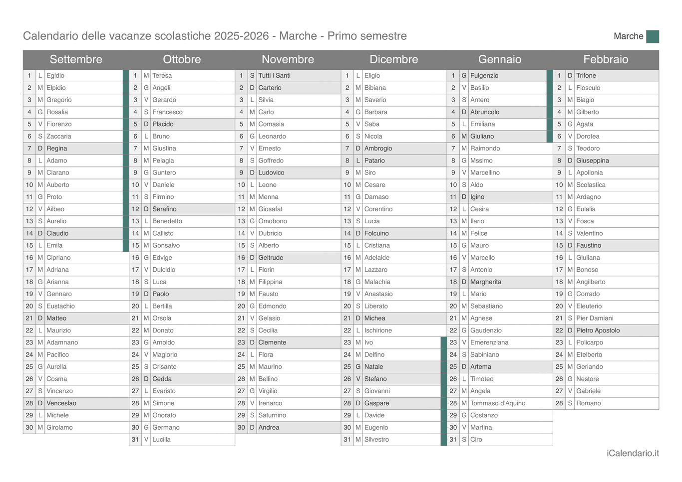 Calendario semestrale delle vacanze scolastiche 2025-2026 con santi, Marche