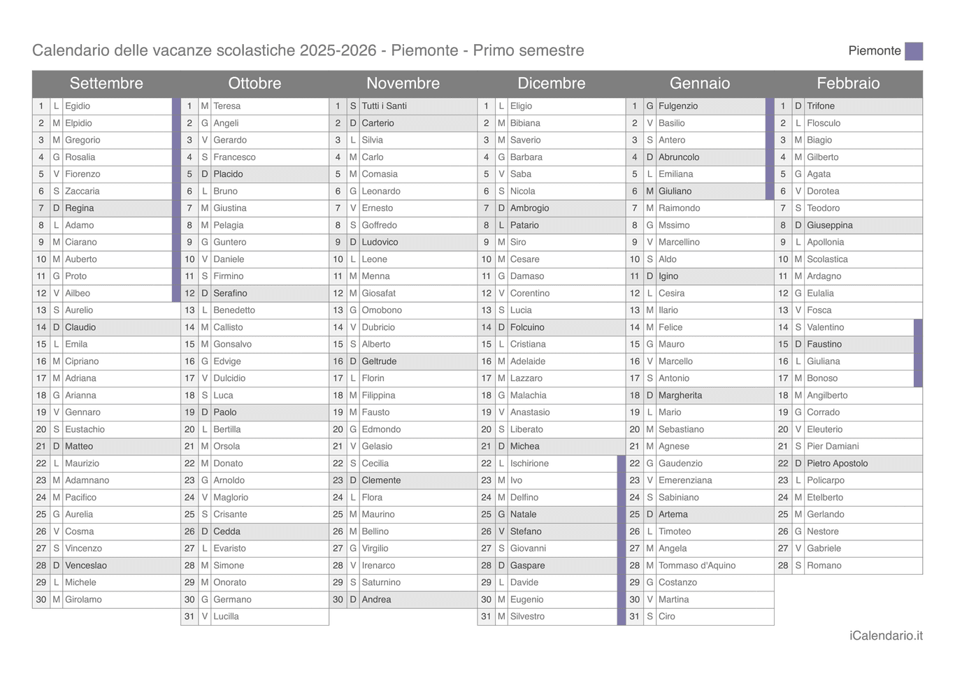 Calendario semestrale delle vacanze scolastiche 2025-2026 con santi, Piemonte