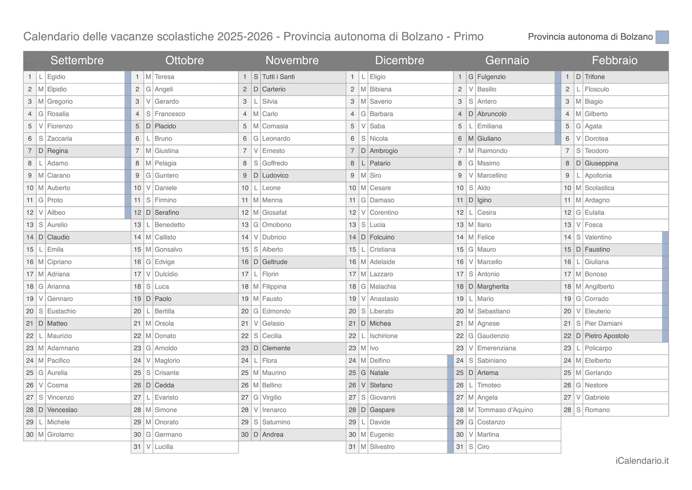 Calendario semestrale delle vacanze scolastiche 2025-2026 con santi, Provincia autonoma di Bolzano