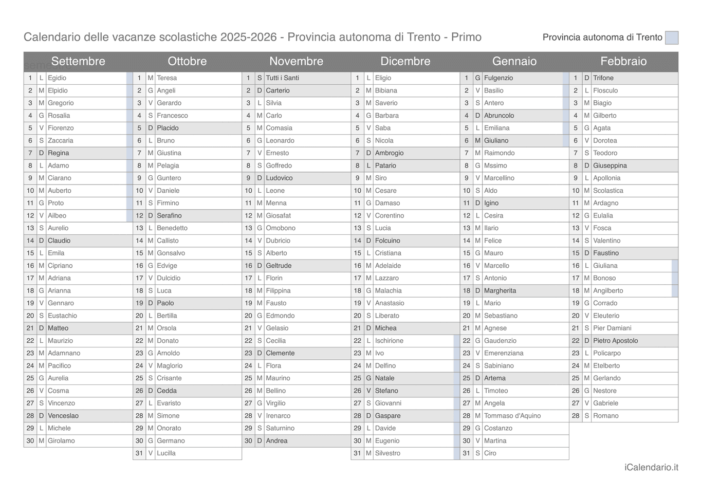 Calendario semestrale delle vacanze scolastiche 2025-2026 con santi, Provincia autonoma di Trento