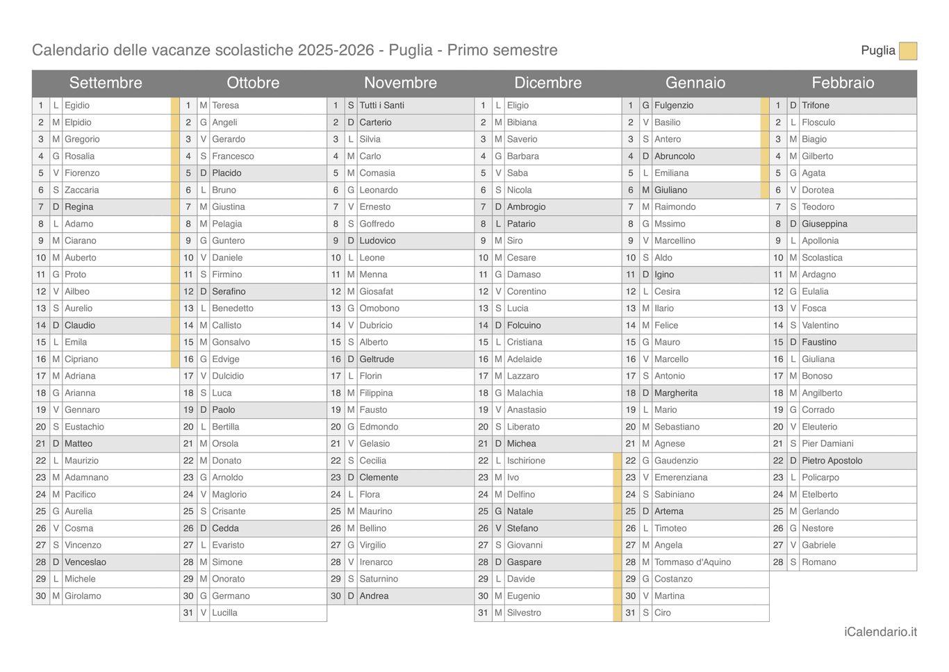 Calendario semestrale delle vacanze scolastiche 2025-2026 con santi, Puglia