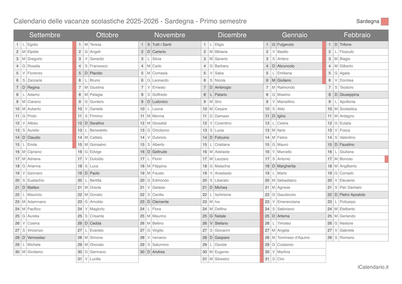 Calendario semestrale delle vacanze scolastiche 2025-2026 con santi, Sardegna