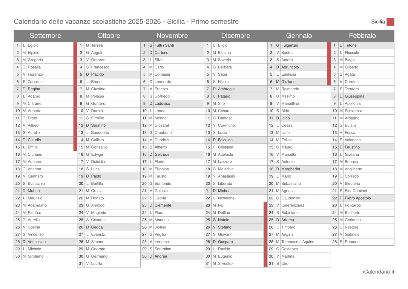 Calendario semestrale delle vacanze scolastiche 2025-2026 con santi, Sicilia