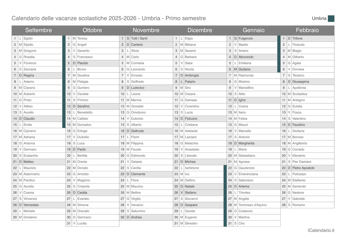 Calendario semestrale delle vacanze scolastiche 2025-2026 con santi, Umbria