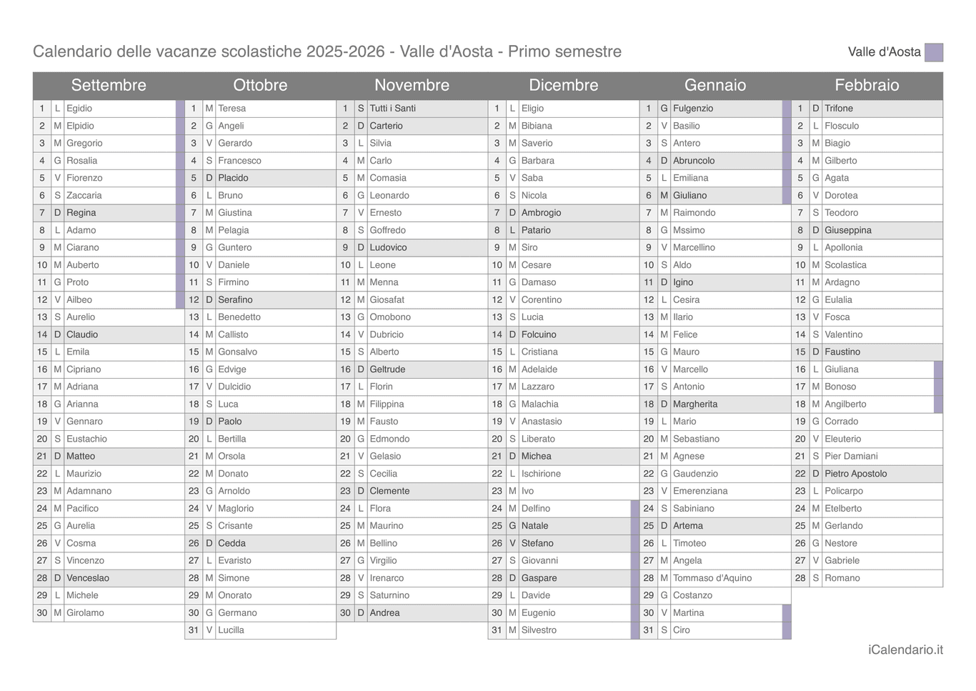 Calendario semestrale delle vacanze scolastiche 2025-2026 con santi, Valle d'Aosta