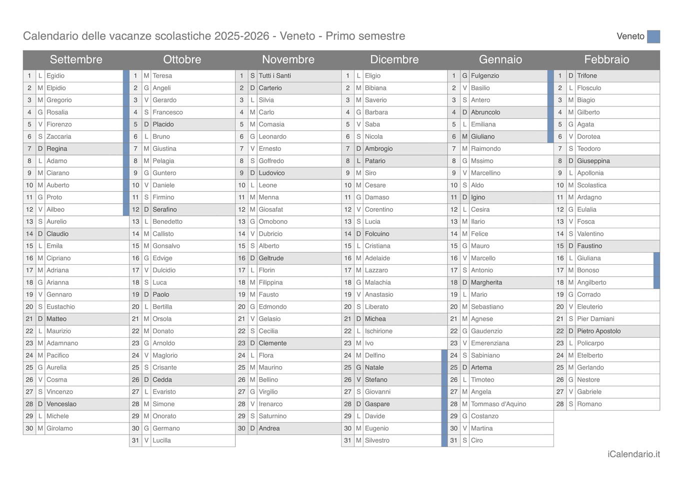 Calendario semestrale delle vacanze scolastiche 2025-2026 con santi, Veneto