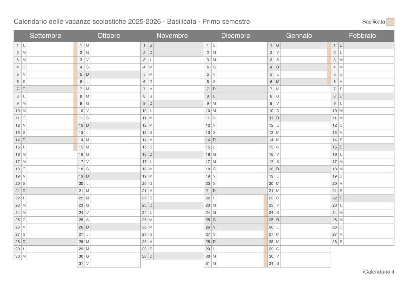 Calendario semestrale delle vacanze scolastiche 2025-2026 Basilicata