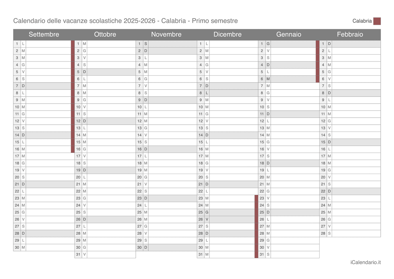 Calendario semestrale delle vacanze scolastiche 2025-2026 Calabria