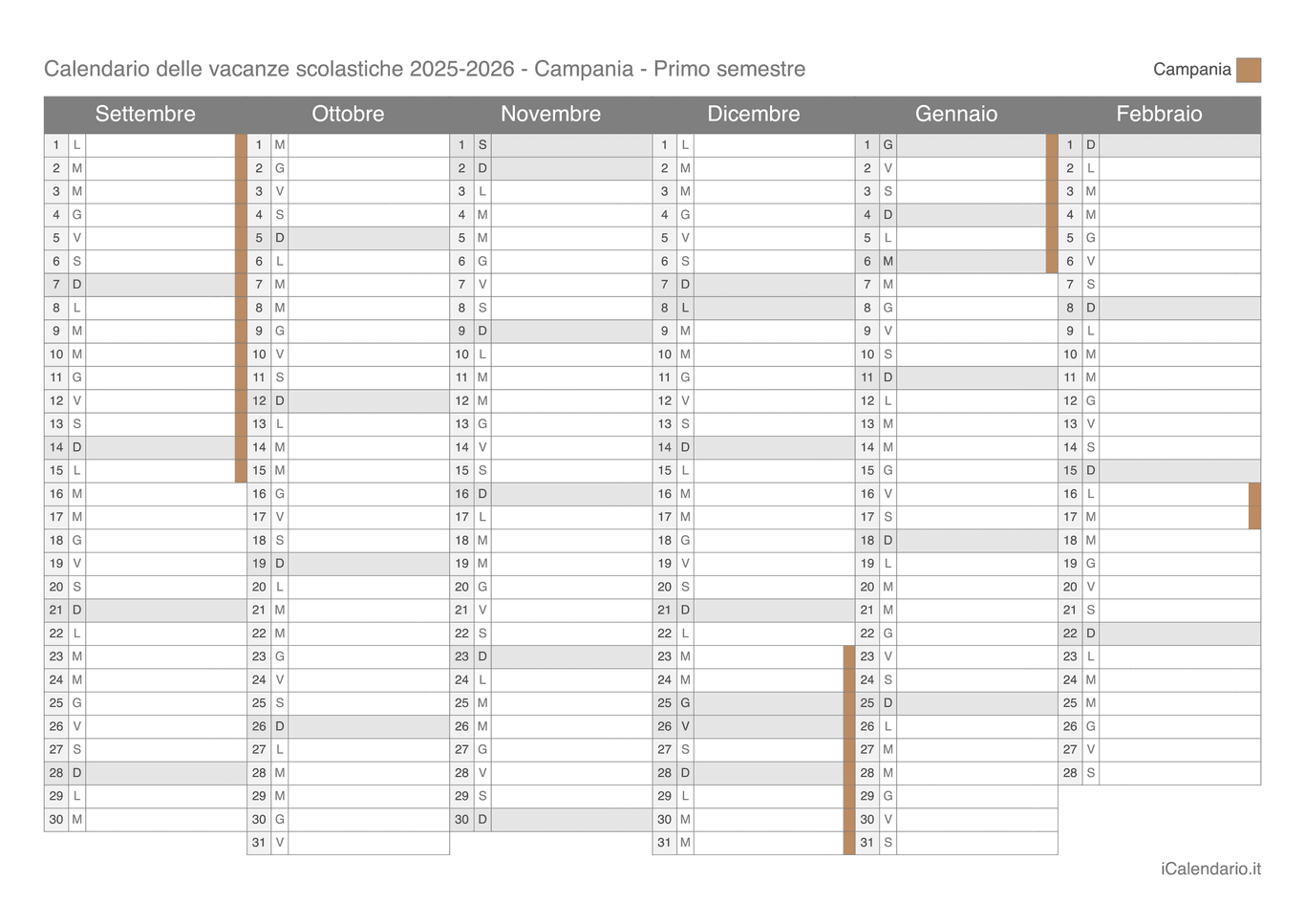 Calendario semestrale delle vacanze scolastiche 2025-2026 Campania