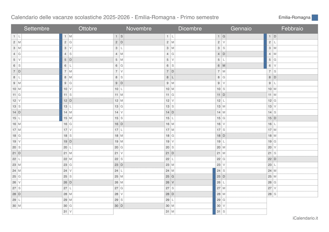 Calendario semestrale delle vacanze scolastiche 2025-2026 Emilia-Romagna