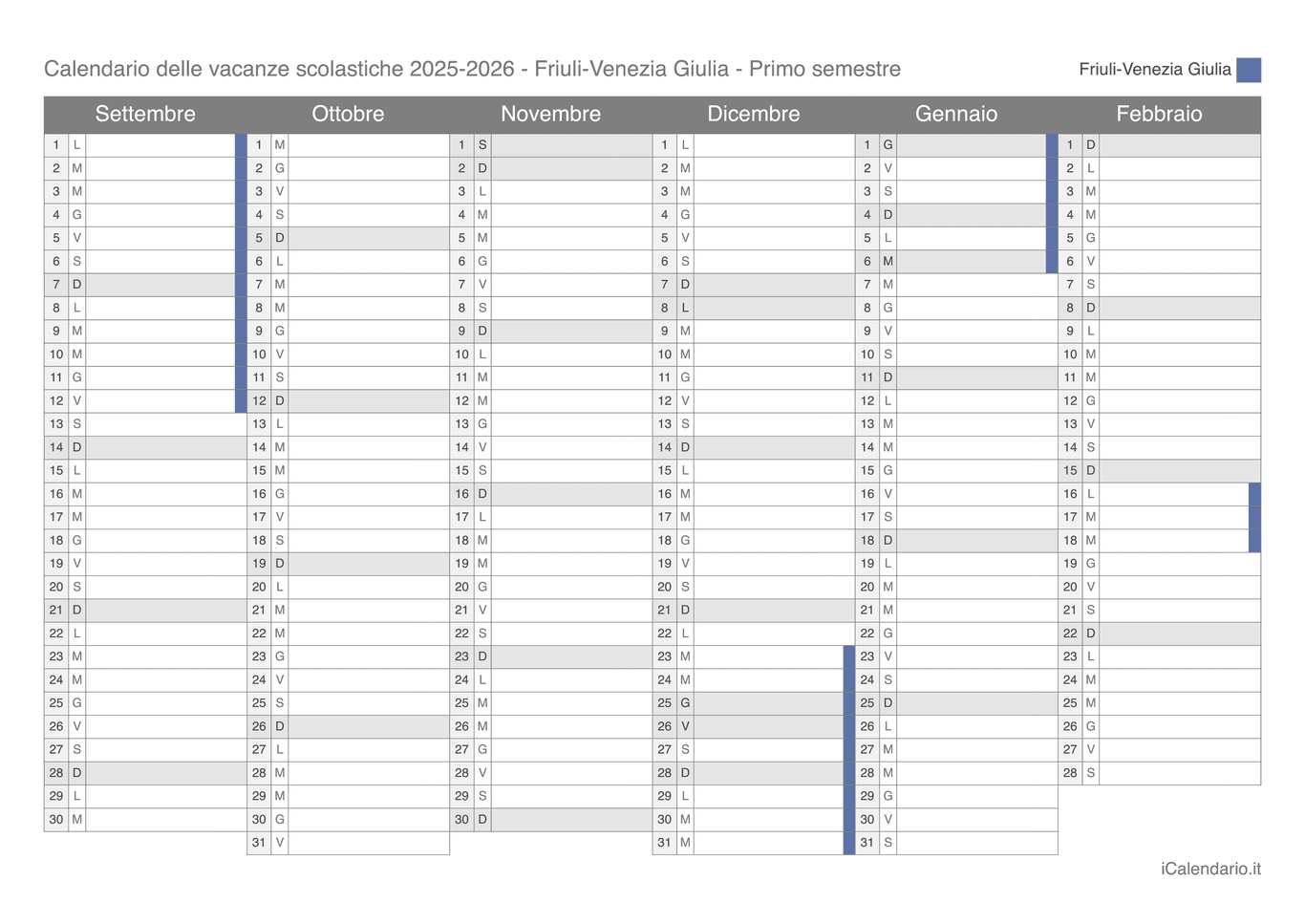 Calendario semestrale delle vacanze scolastiche 2025-2026 Friuli-Venezia Giulia