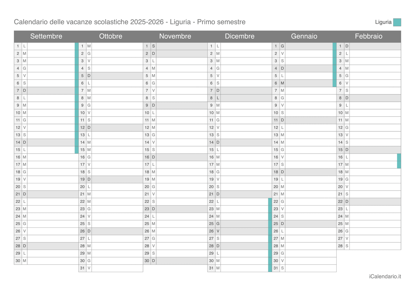 Calendario semestrale delle vacanze scolastiche 2025-2026 Liguria
