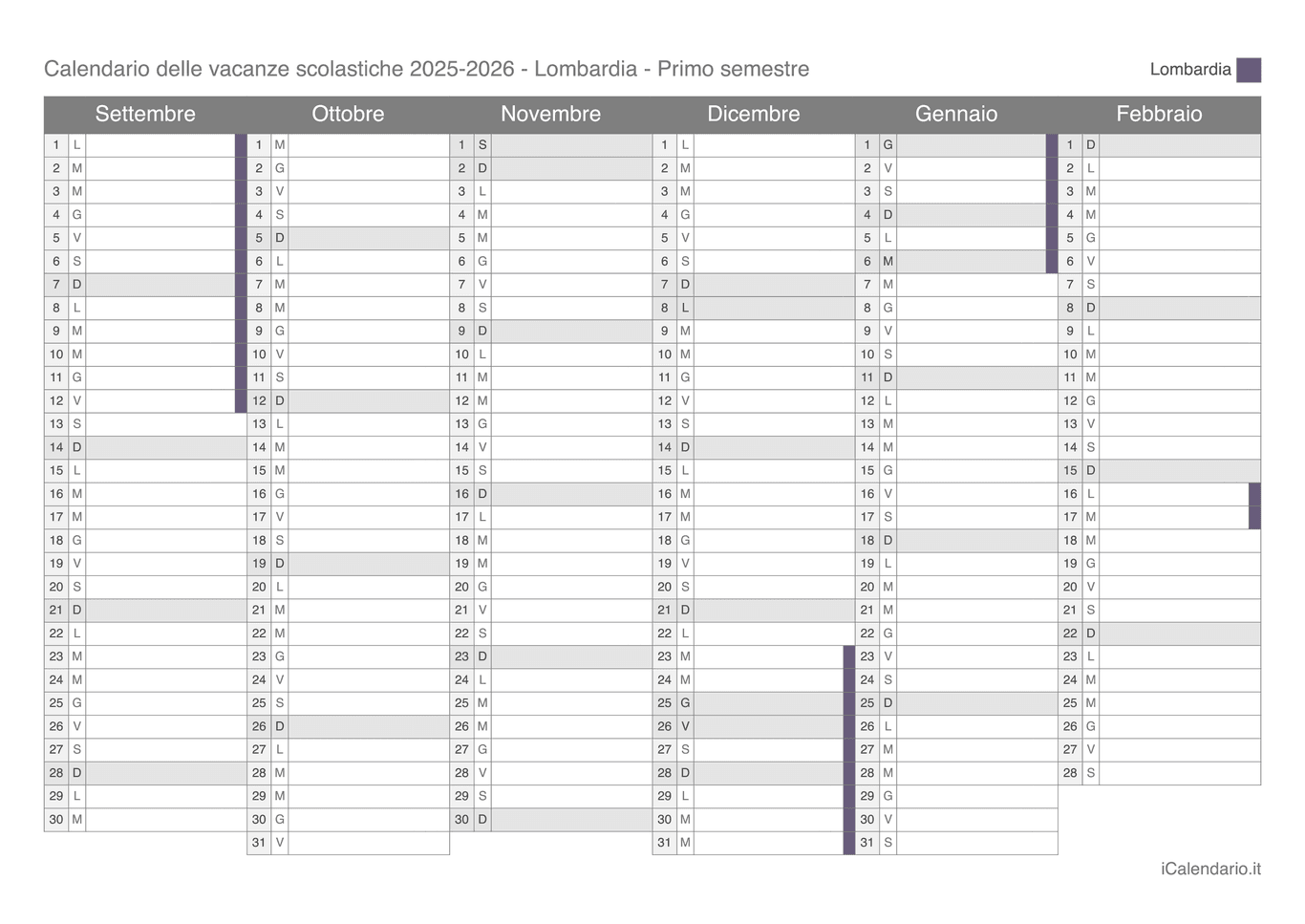 Calendario semestrale delle vacanze scolastiche 2025-2026 Lombardia