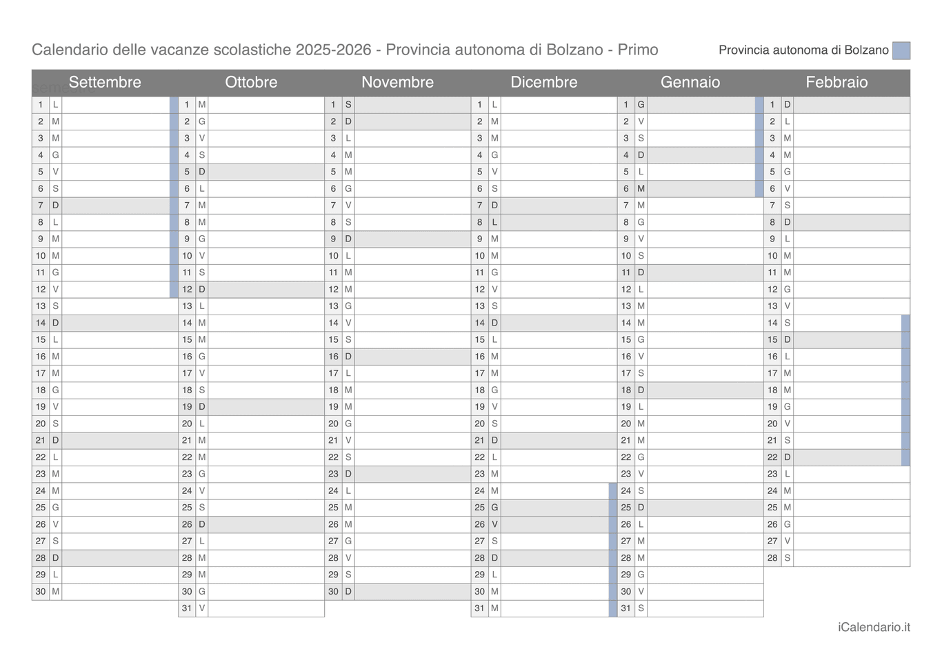 Calendario semestrale delle vacanze scolastiche 2025-2026 Provincia autonoma di Bolzano